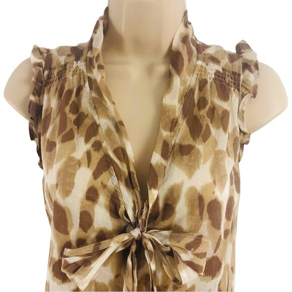 Ann Taylor Loft Tan Brown Animal Print Button Front Top Ruffled Sleeveless Bow - Picture 2 of 16